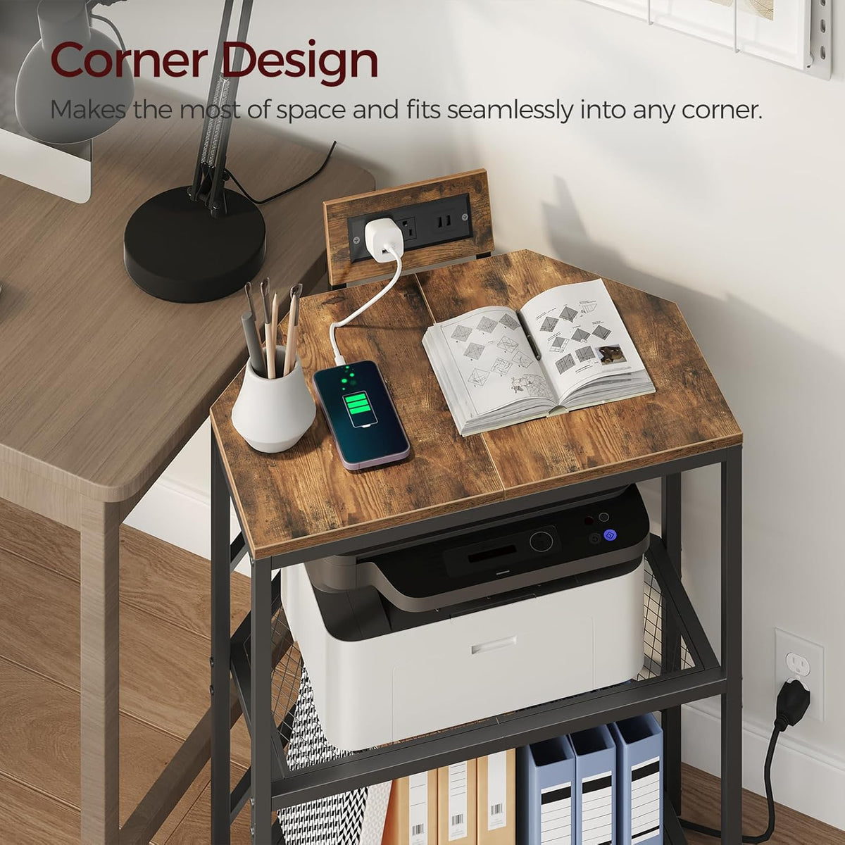 Rustic Brown 3-Tier Metal Frame Printer Stand with Storage Shelf X4971