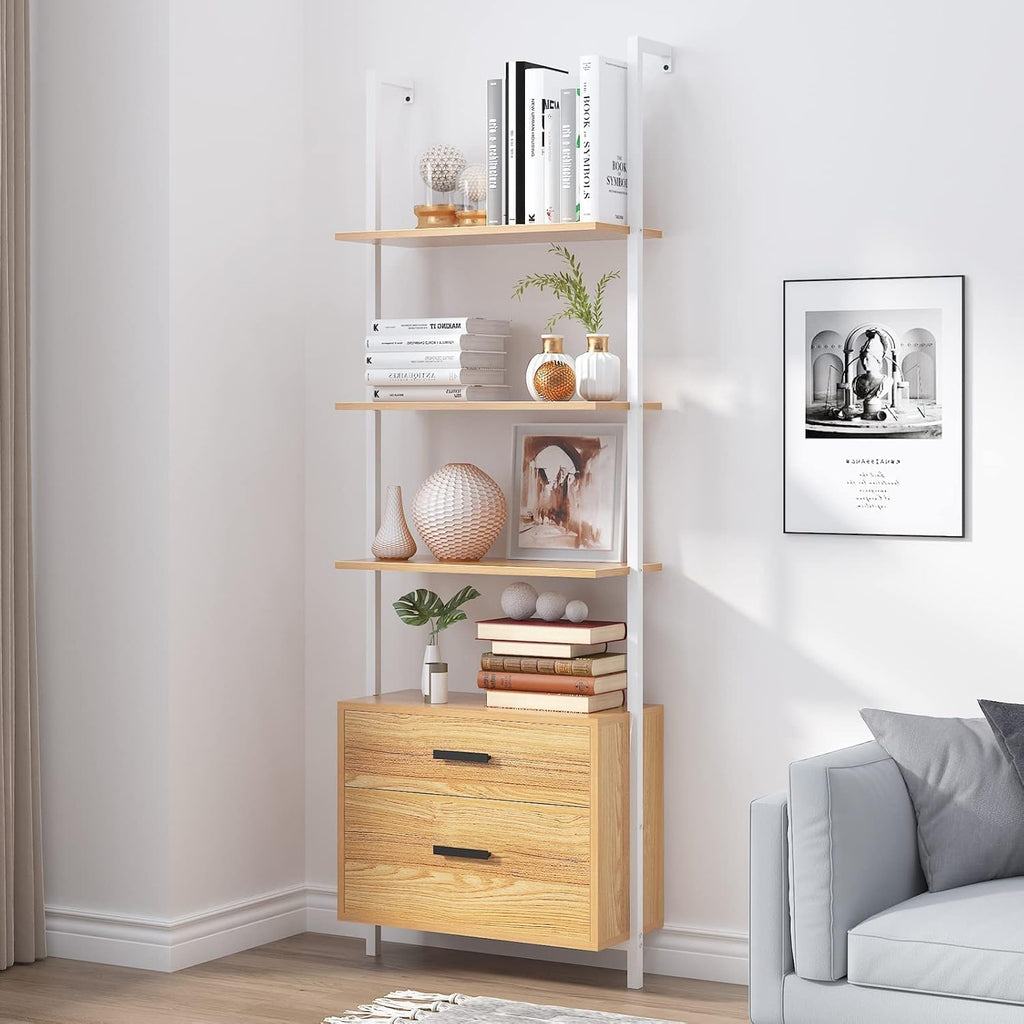 Wall-Mounted 4-Tier Ladder Shelf with Cabinet and 2 Drawers G178307