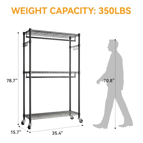 Black Heavy Duty Rolling Garment Rack with Wheels Double Hanging Rods L16388