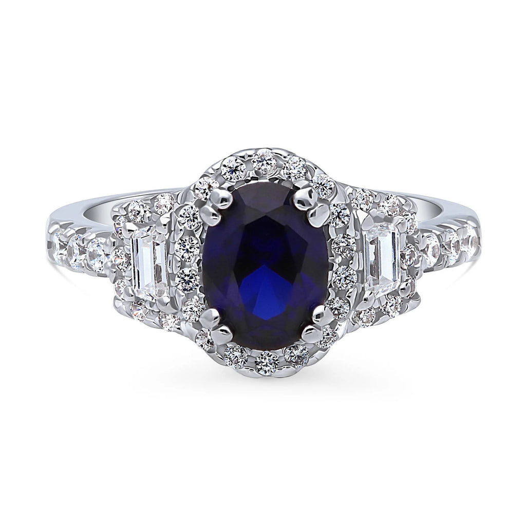 Sterling Silver Simulated Blue Sapphire Cubic Zirconia Halo Ring, Rhodium Plated Size 6 D8941