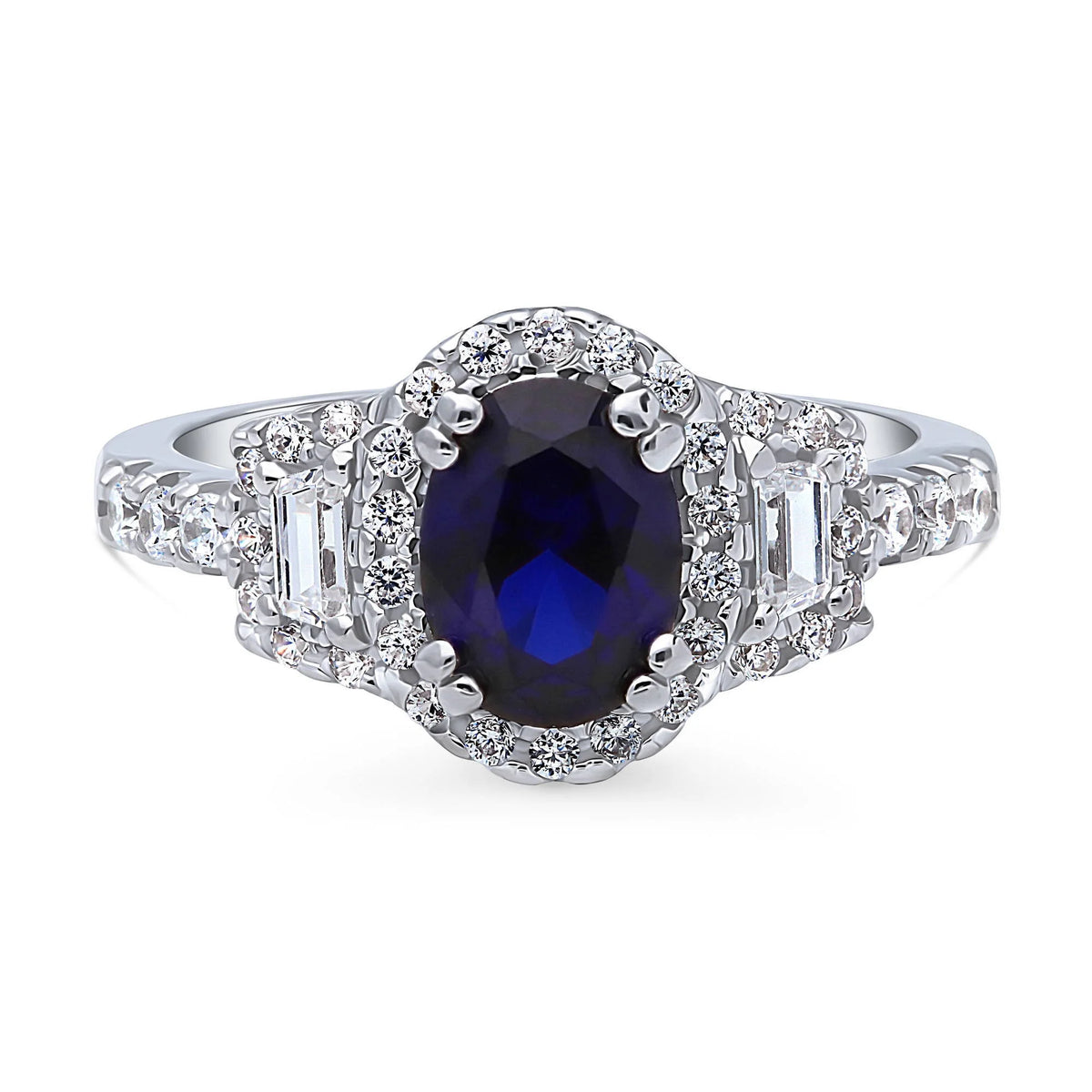 Sterling Silver Simulated Blue Sapphire Cubic Zirconia Halo Ring, Rhodium Plated Size 6 D8941