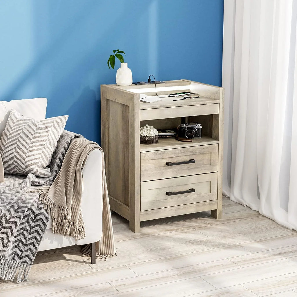 Grey Wood Nightstand with 2 Drawers and Pull-Out Shelf R3563