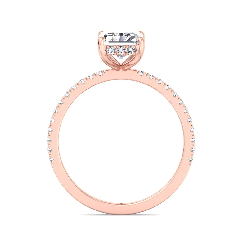 Moissanite Radiant Cut Lab Diamond Hidden Halo Engagement Ring with Pavé Band R7460