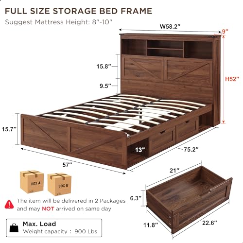 King Size Wood Bed Frame with Storage Headboard and 4 Drawers S3175