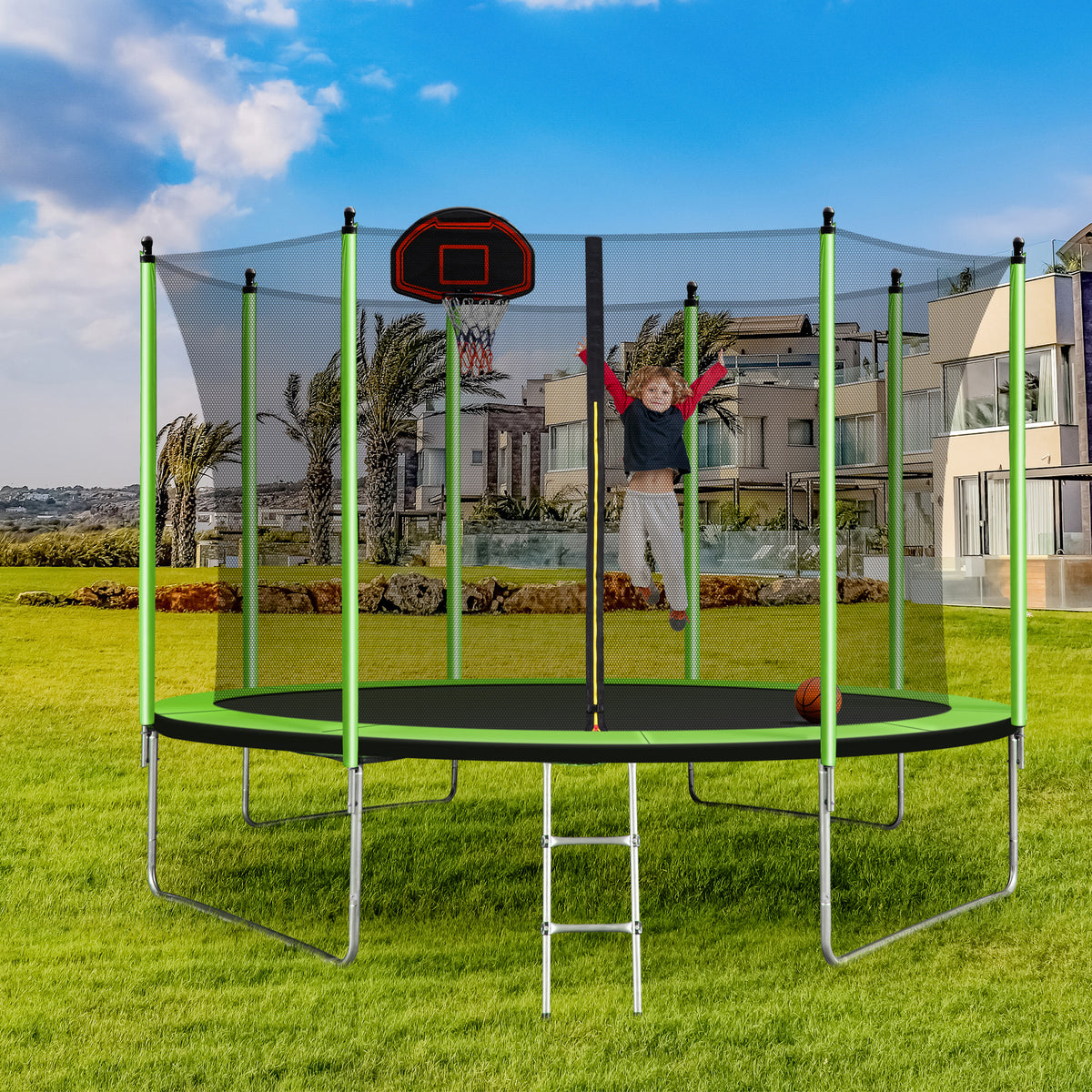 10FT Trampoline with Basketball Hoop and Ladder E62588