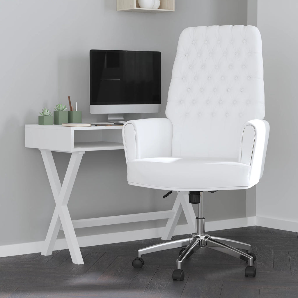 White High Back Tufted Faux Leather Swivel Office Chair L2380