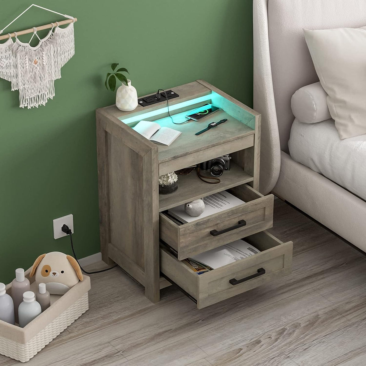 Grey Wood Nightstand with 2 Drawers and Pull-Out Shelf R3563