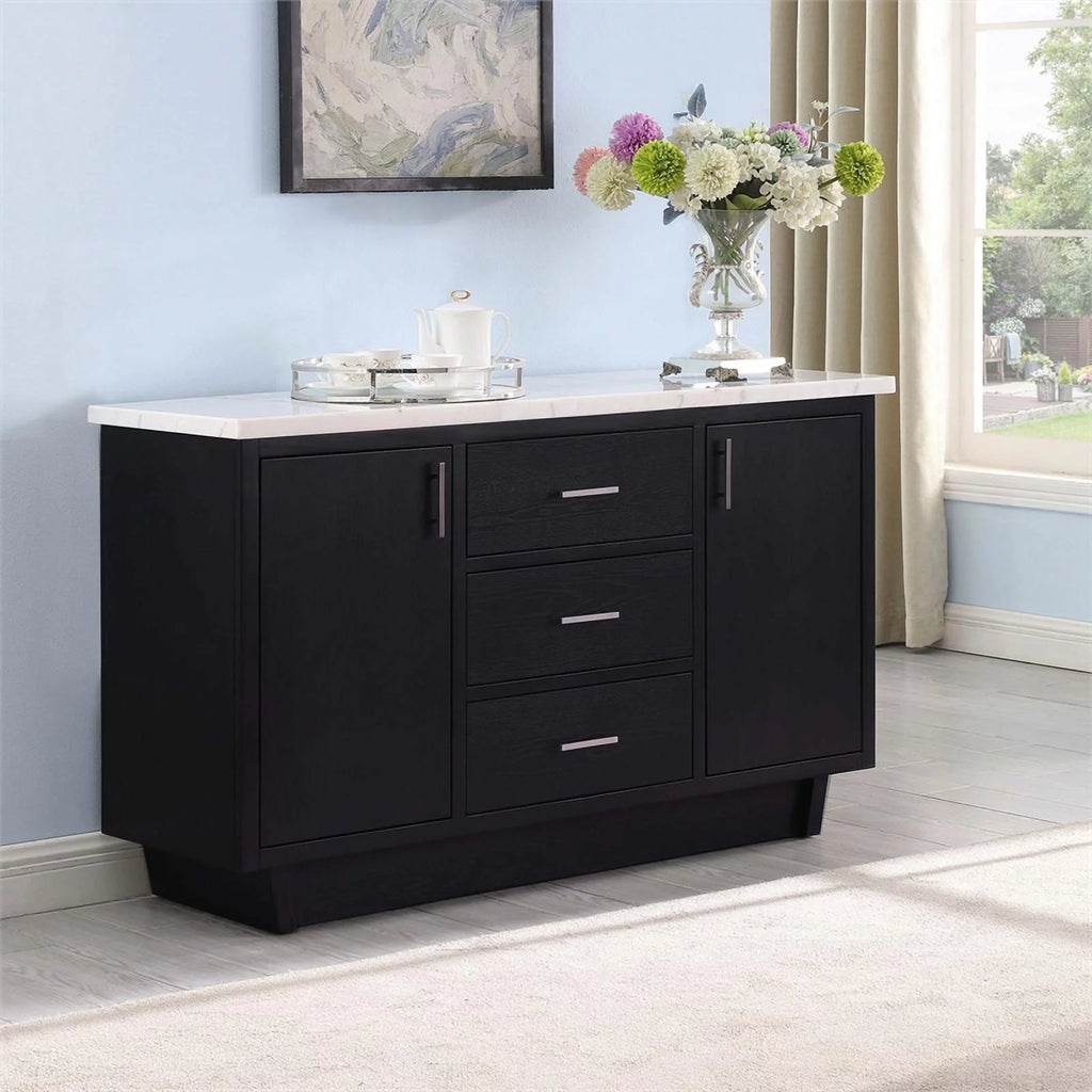 3 Drawer Marble Top Dining Sideboard Server White and Espresso E39870