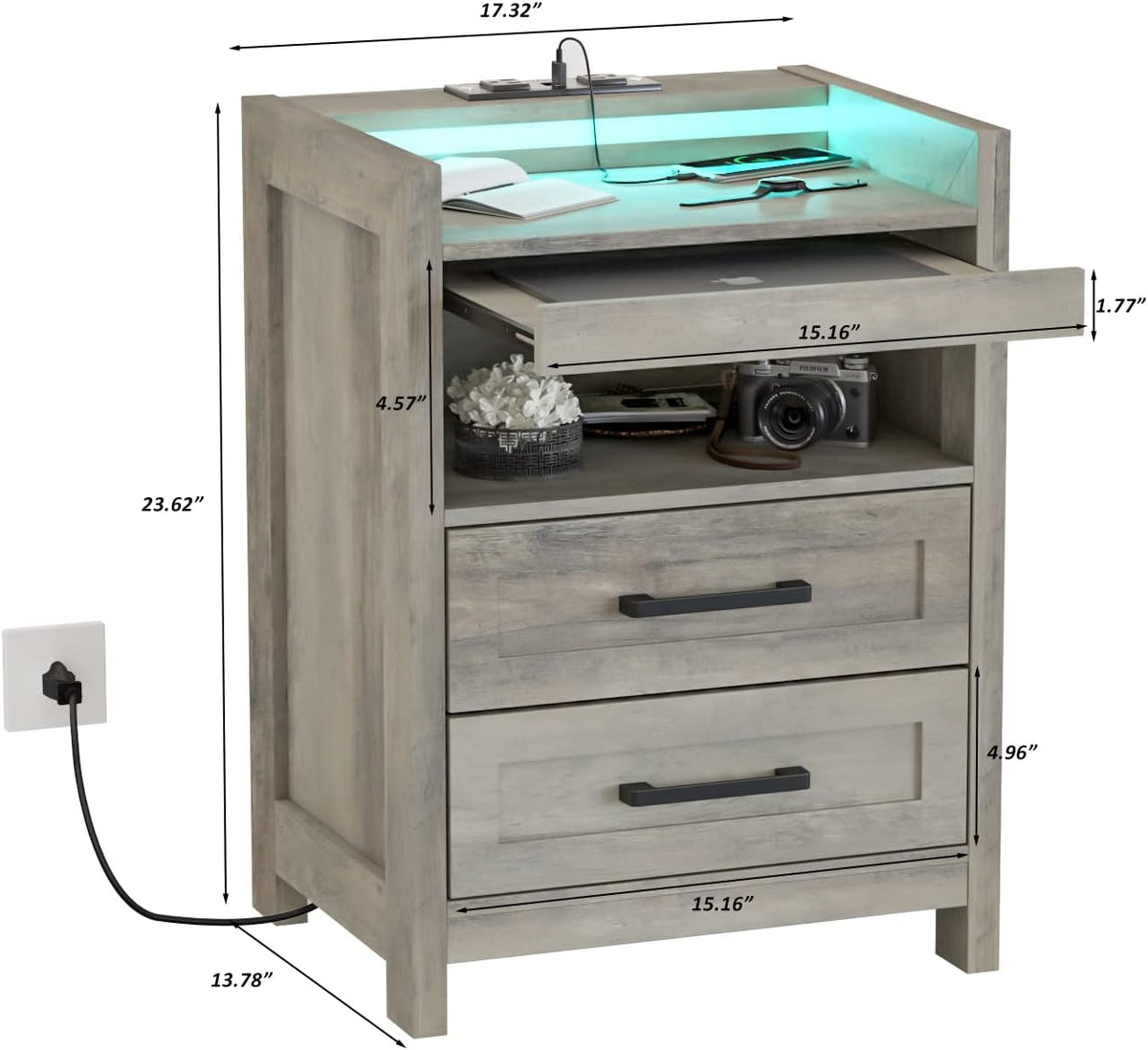 Grey Wood Nightstand with 2 Drawers and Pull-Out Shelf R3563