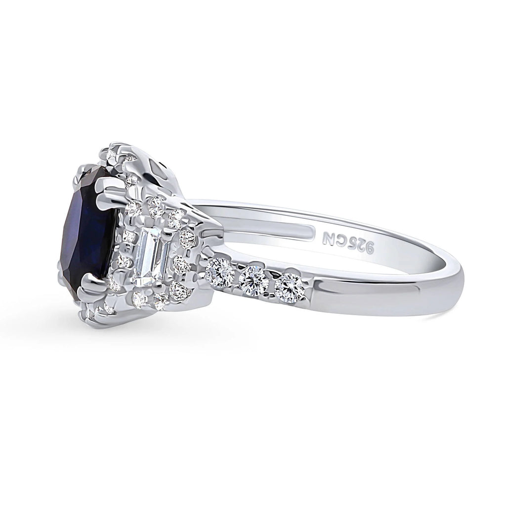 Sterling Silver Simulated Blue Sapphire Cubic Zirconia Halo Ring, Rhodium Plated Size 6 D8941