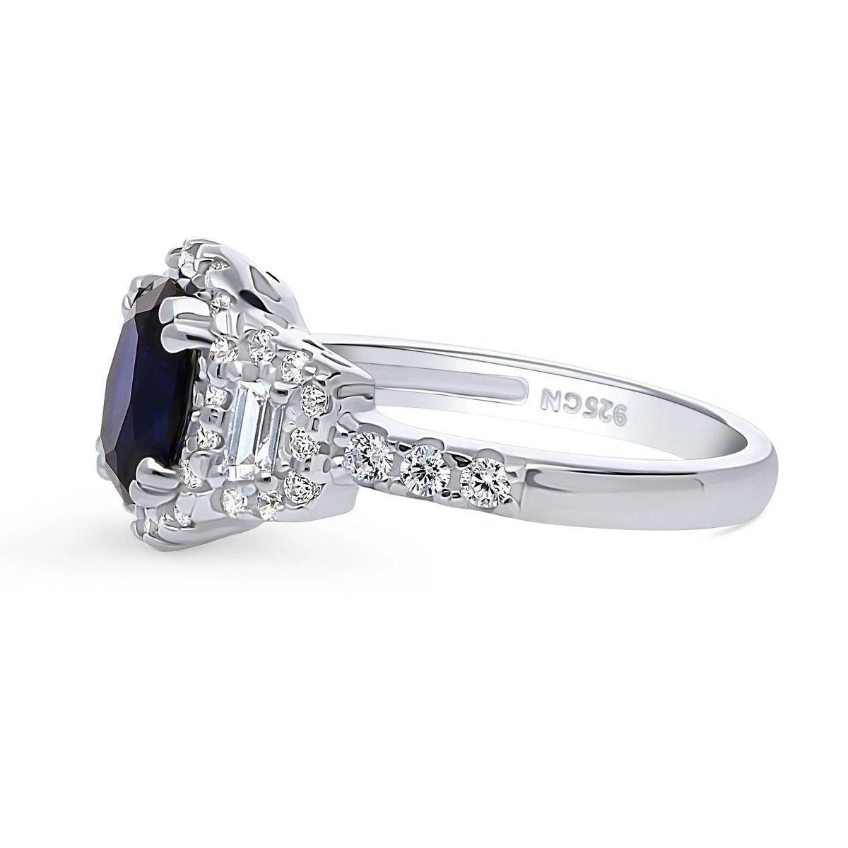 Sterling Silver Simulated Blue Sapphire Cubic Zirconia Halo Ring, Rhodium Plated Size 6 D8941